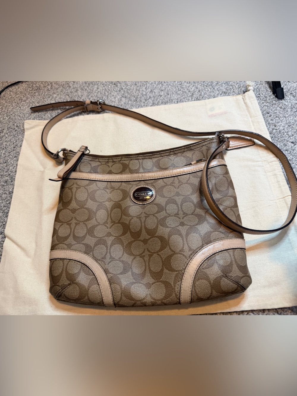 Coach Brown Signature Canvas Crossbody with Taupe Trim